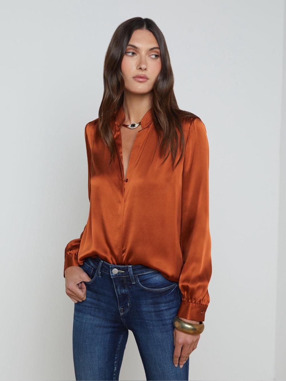 L’agence Bianca Silk Top Small Rich Ginger Rust Long Sleeve Satin Minimalist